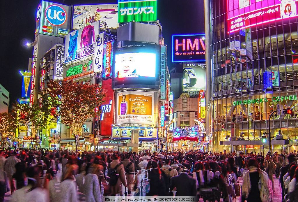 日本繁华夜景 日本 东京 繁华 街道 城市 人群 人 广告牌 霓虹灯