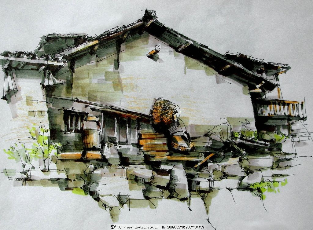 手绘 古镇图片