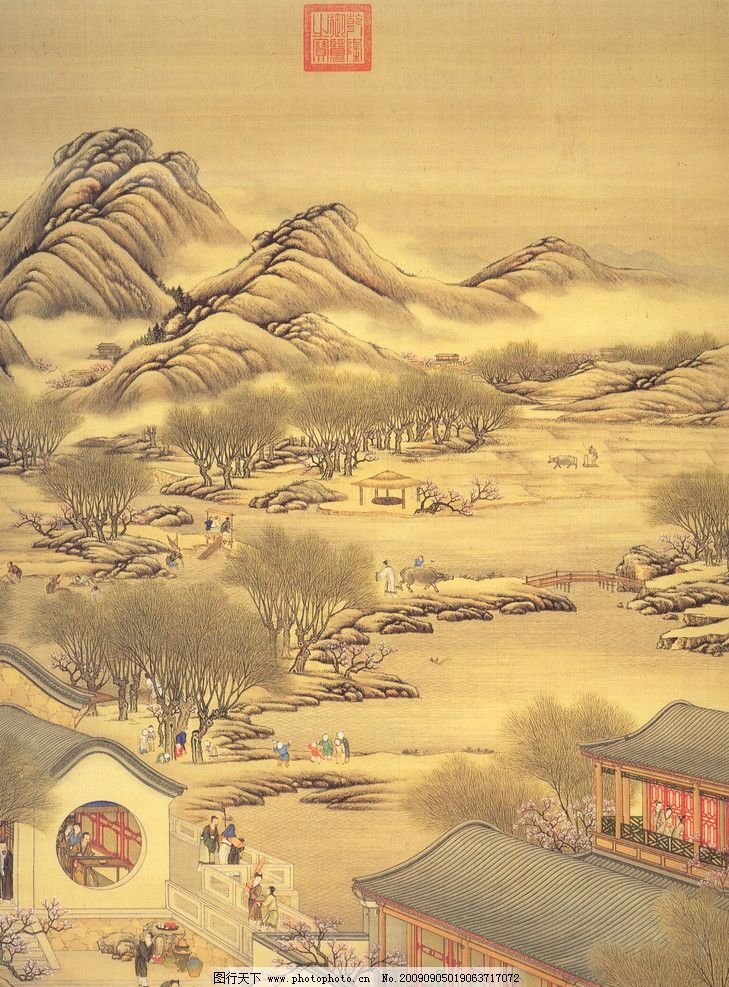 古画绘画 国画 山水 风景图 古代人物 古代建筑 耕田 绘画书法