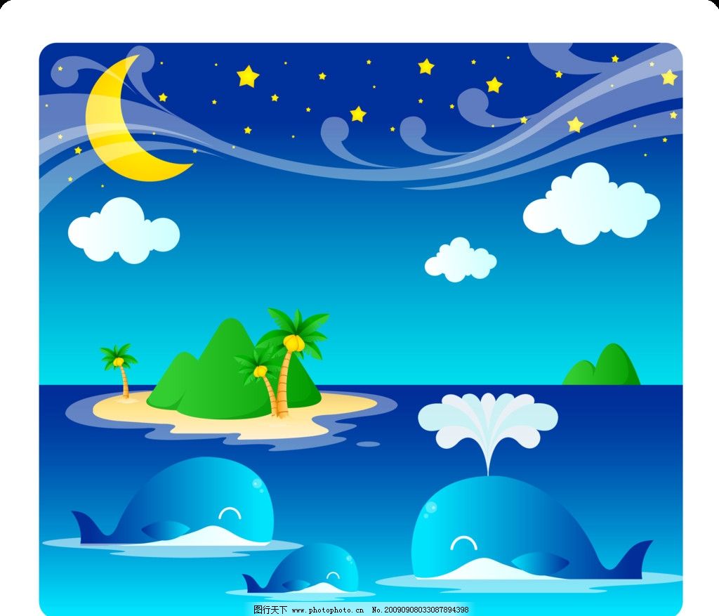 夏天风景素材图片,太阳 月亮 星星 鲸鱼 蓝鲸 喷水-图行天下图库