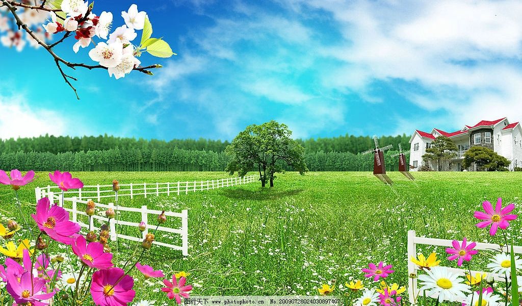 春天风景,春天,风景,美丽风景,清新,花朵,花,别墅,树木,鲜花,自然景观,自然风光,设计图库,300DPI,JPG